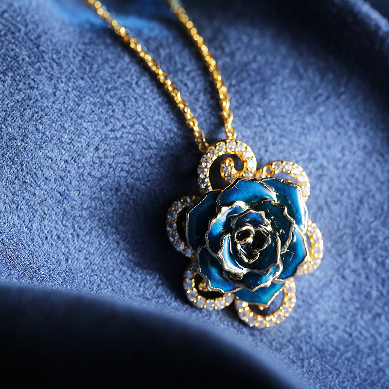 钻石蕾丝蓝色玫瑰项链（新鲜玫瑰）